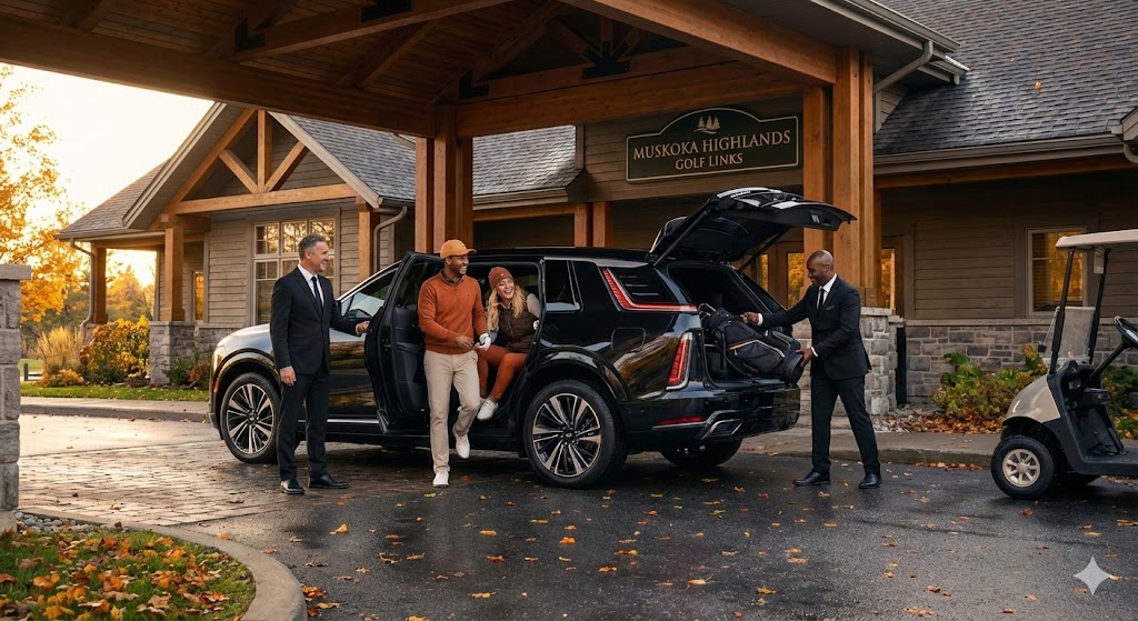 Escalade unloading golf group (symbolic of group travel and luggage capacity)