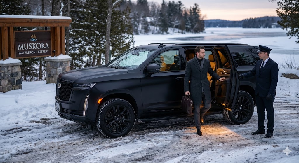 Cadillac Escalade SUV winter transfer Blue Mountain snowy driveway