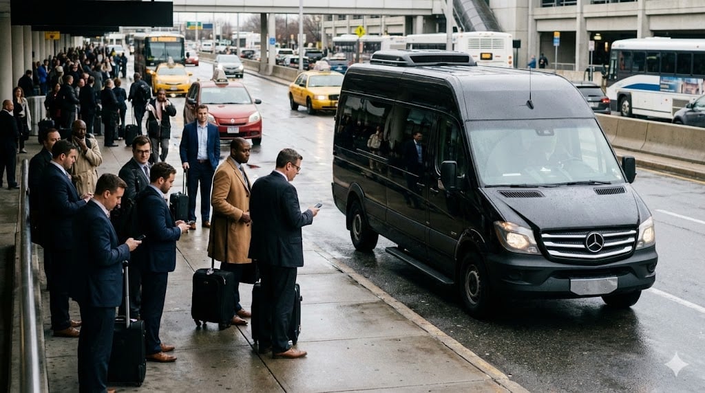Corporate Shuttle Service Toronto 11 Business travelers waiting sidewalk luggage checking phones corporate shuttle employee transportation pickup coordination