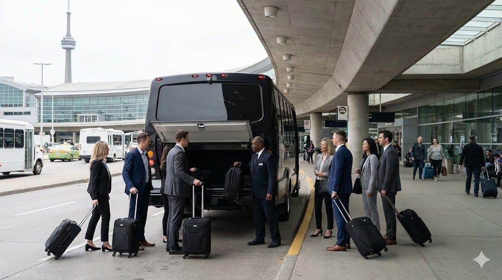 Corporate group matching luggage Sprinter shuttle Toronto Pearson YYZ airport business travel team coordination