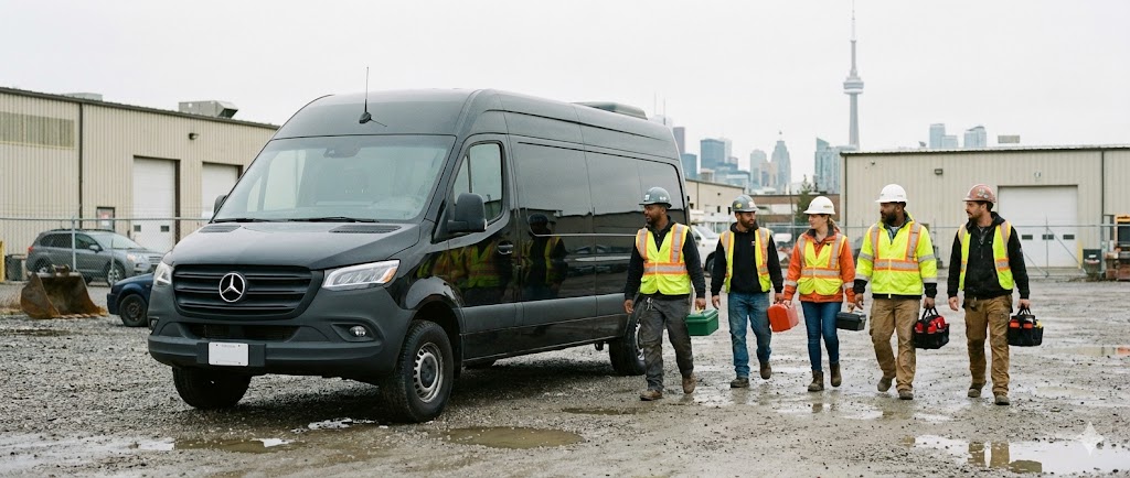 Film crew in safety vests walking toward a Sprinter shuttle on a Toronto production