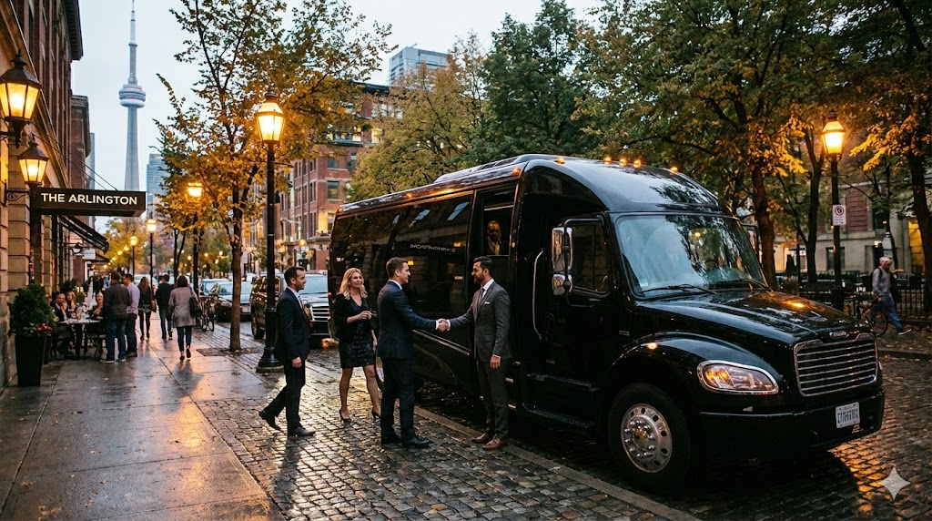 Leadership team suits elegant outfits exiting coach VIP van greeting host executive arrival corporate event coordination