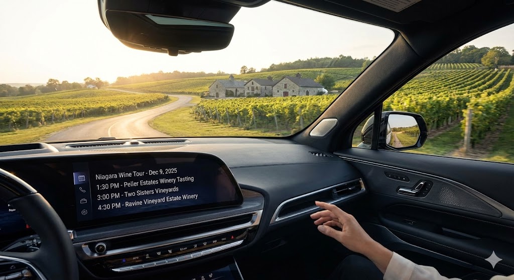 Escalade EV driving through Niagara vineyards