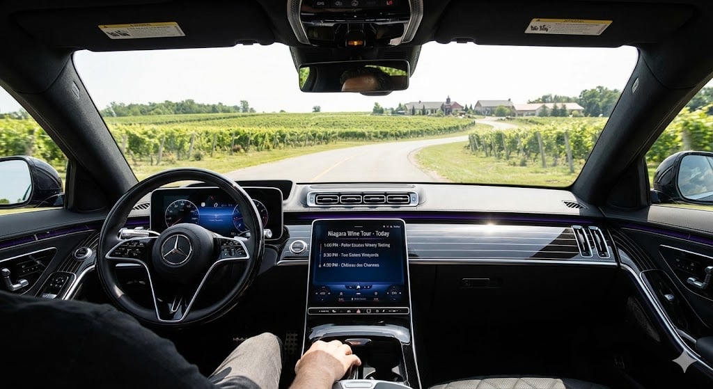 Black S580 sedan with visible itinerary screen