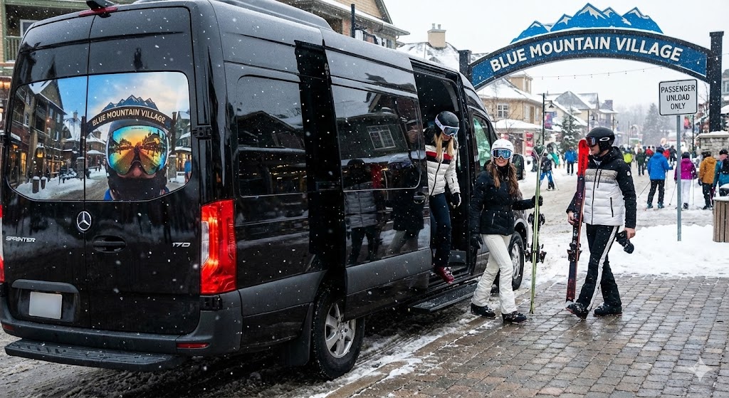 A black Mercedes-Benz Sprinter dropping a group at Blue Mountain Village near Collingwood in falling snow.