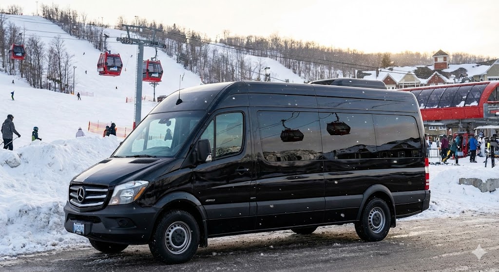 Reflection of Blue Mountain gondola in black Sprinter Van