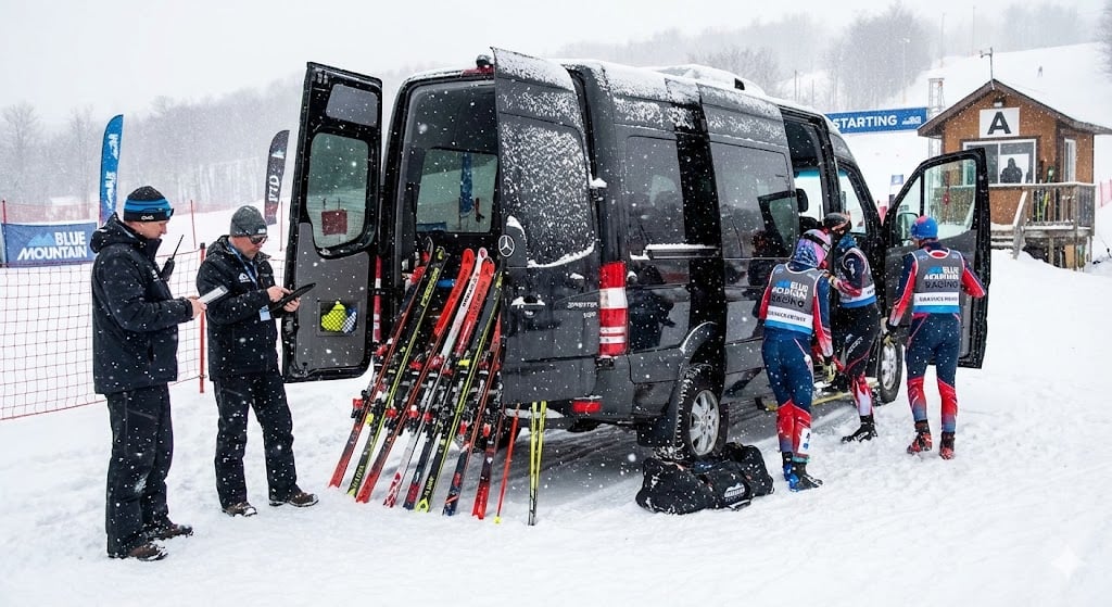 Group Transportation Toronto to Blue Mountain 3 Competitive ski team unloading pro gear from black VIP Sprinter