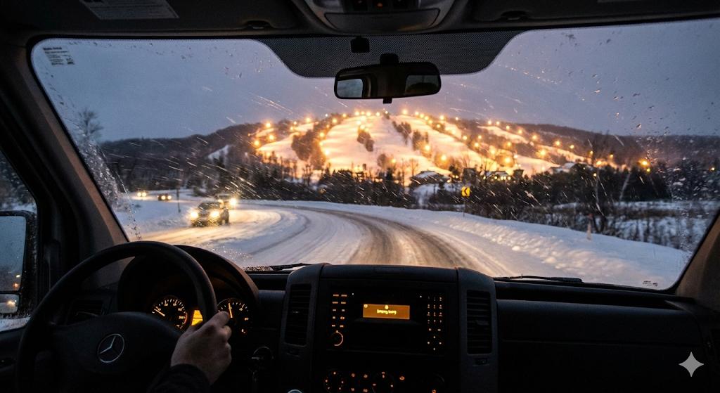 Direct Executive Transfer from YYZ to The Westin Trillium House 5 Sprinter view of Blue Mountain night skiing