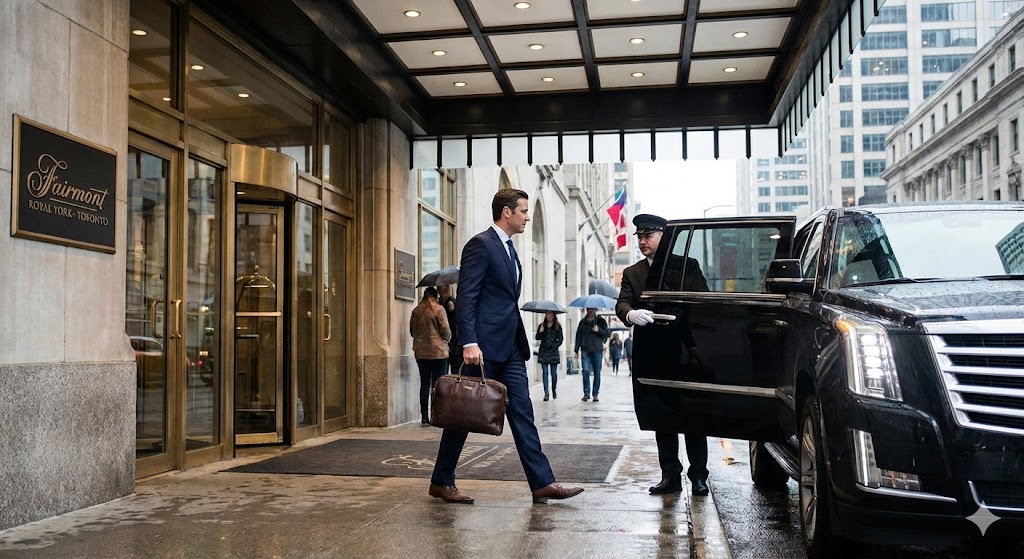 Executive entering black car luxury hotel Toronto airport pickup