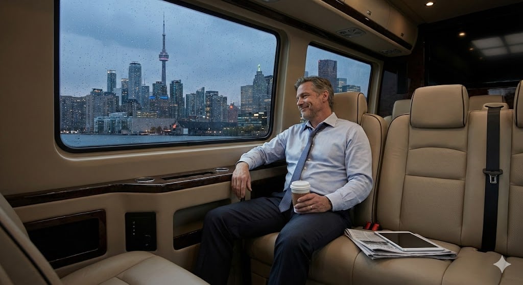 Executive looking out Sprinter window (Symbolic of long travel)