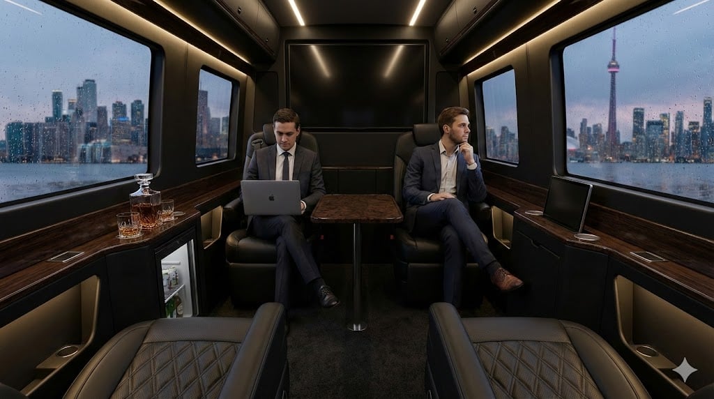 Executive Sprinter van jet-style seating interior captains chairs wood table VIP corporate transportation workspace