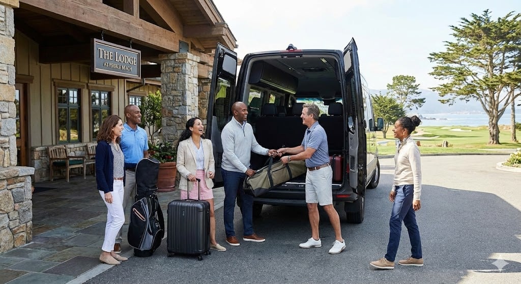 RM Locations 2 Group of 6 executives loading luggage into black sprinter van outside hotel lobby located in best golf resort