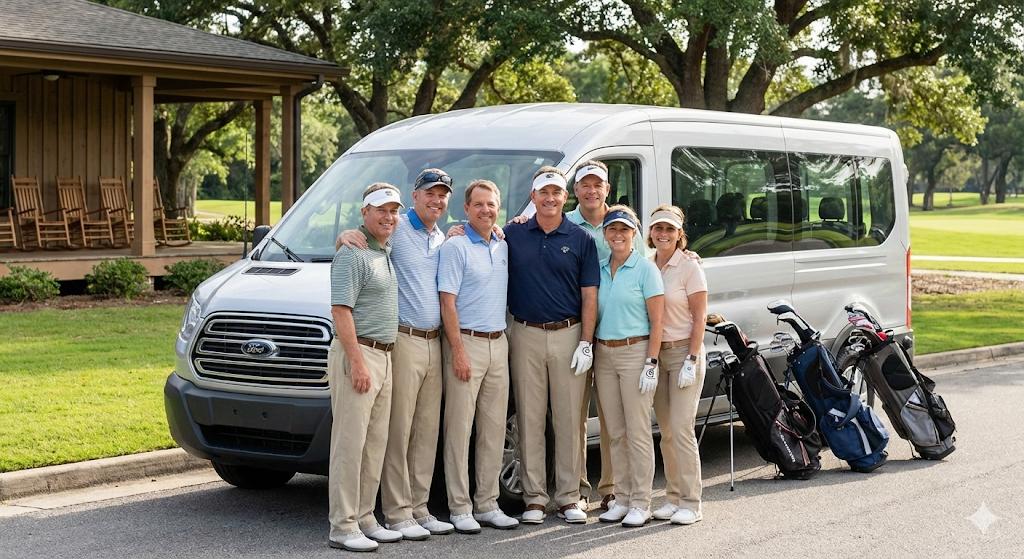 Group of middle aged golfers in khakis and visors pausing for a quick photo beside a parked passenger van