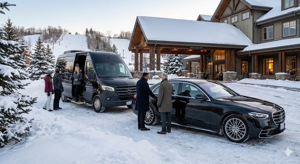 Chauffeur Private Car Service 3 Mercedes S-Class sedan and black 2025 Sprinter arriving at Hockley Valley Resort