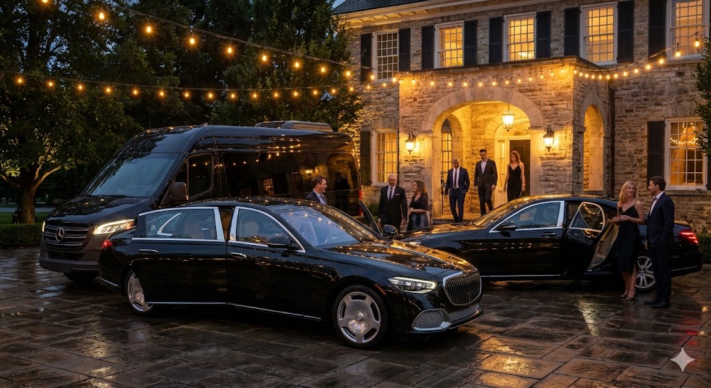 Mercedes‑Maybach and a black Sprinter van outside a Niagara‑on‑the‑Lake event venue