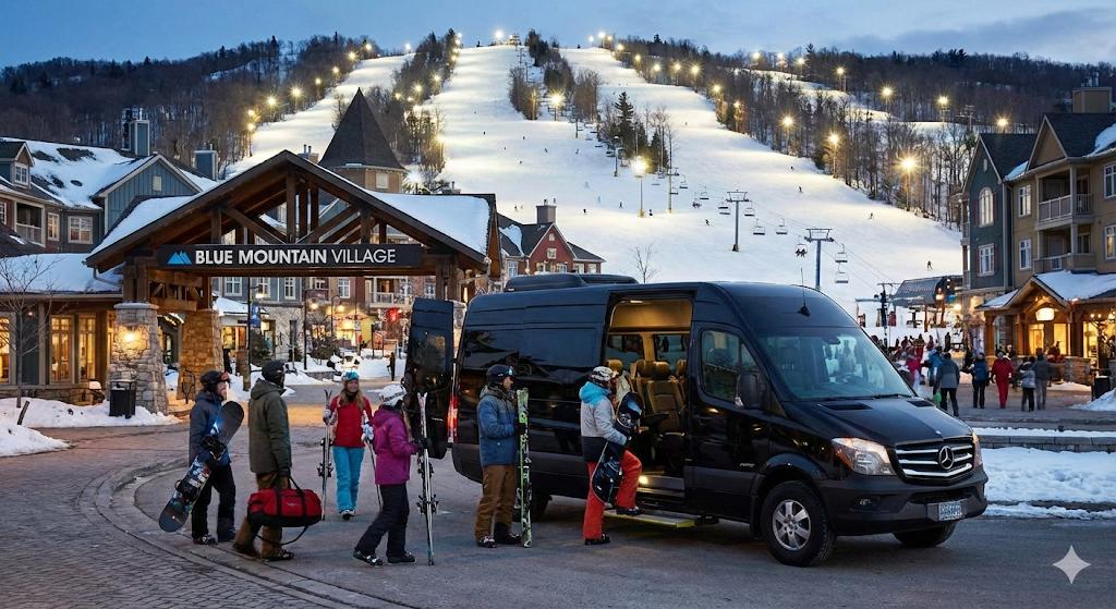 Blue Mountain to Toronto 5 Sprinter van at Blue Mountain Village at night with holiday lights
