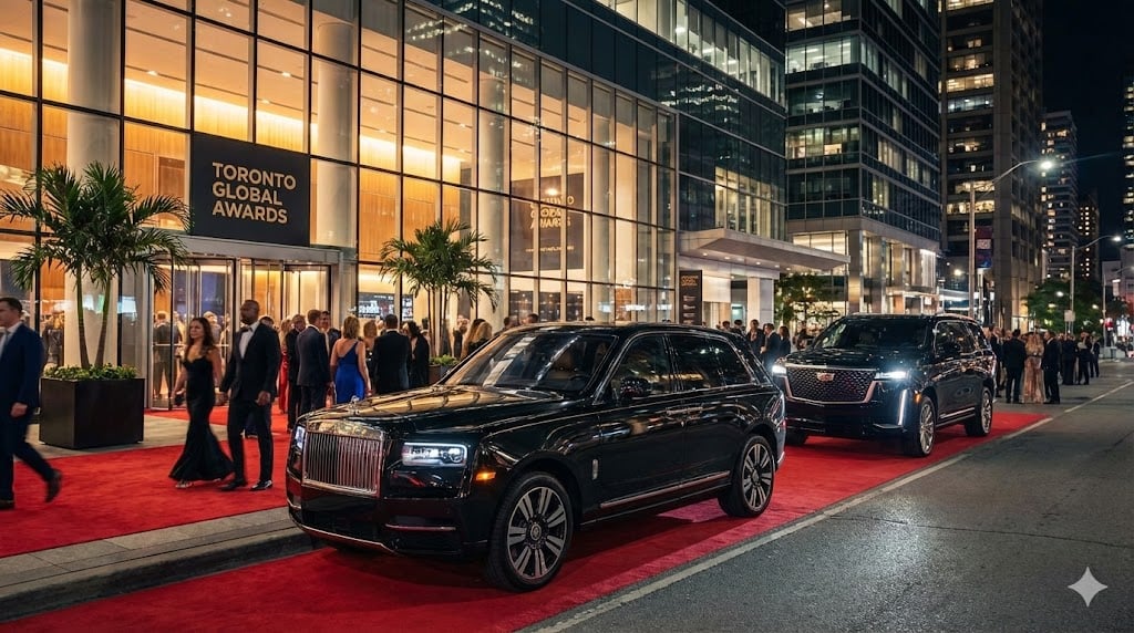 Rolls‑Royce Cullinan and a black 2025 Escalade EV arriving back‑to‑back at a red‑carpet corporate awards event in downtown Toronto