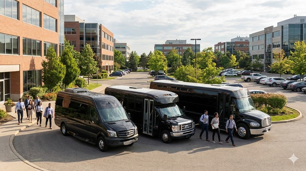 Charter bus fleet parked at Scarborough corporate office for group shuttle service