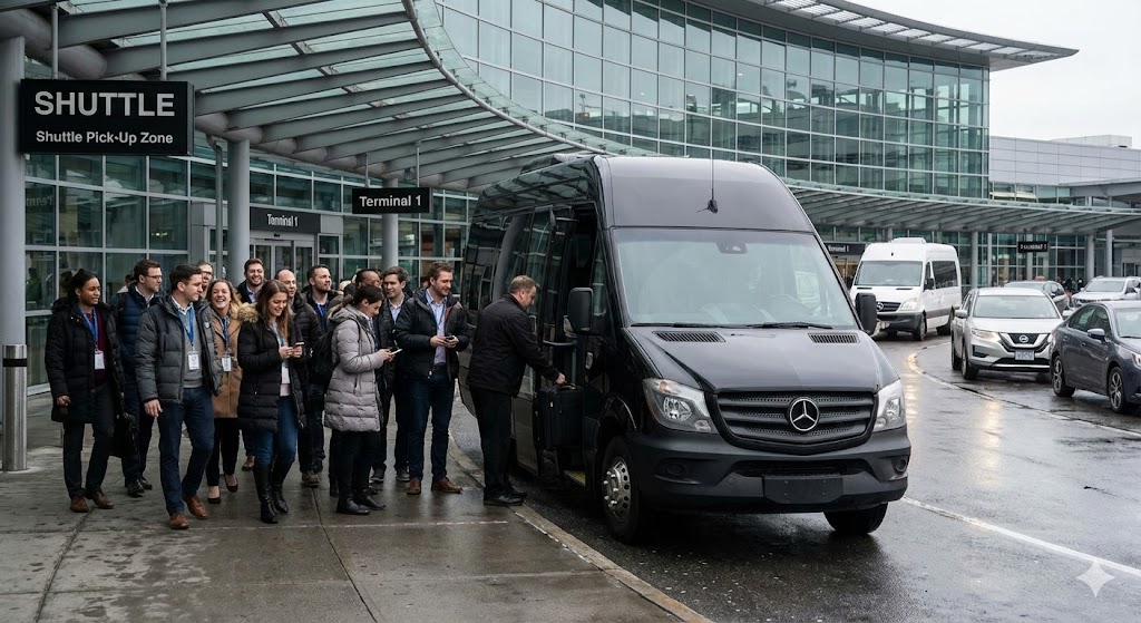 Sprinter airport employees carry-on bags luggage bay boarding corporate team departure business travel coordination