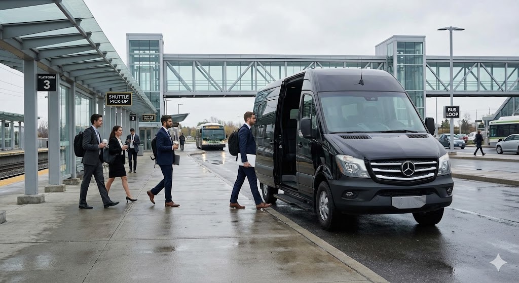 Sprinter shuttle at GO station for corporate commuters