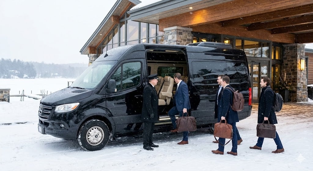 Event Transportation Muskoka | Wedding & Venue Guest Shuttles 1 Chauffeuropolis Sprinter van at JW Marriott Muskoka resort entrance