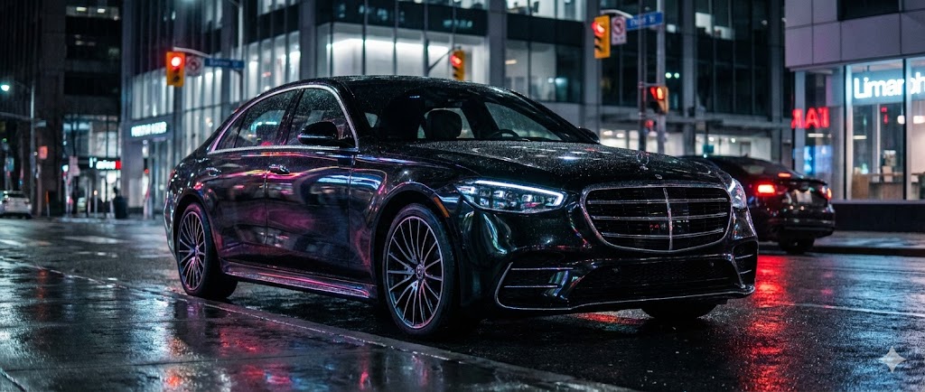 Mercedes S-Class executive sedan downtown Toronto corporate transportation night service city lights professional chauffeur