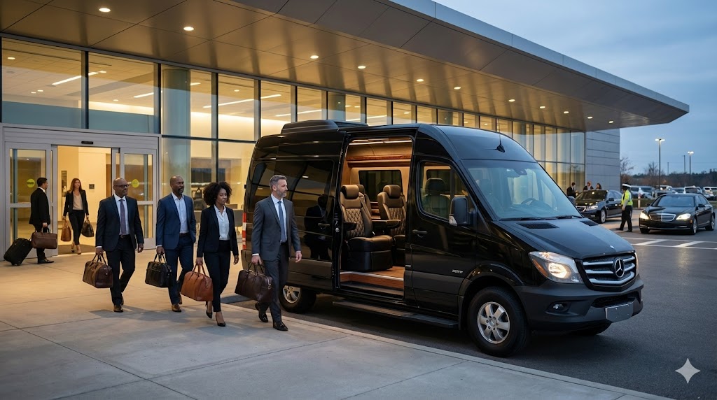 VIP Sprinter van private terminal building FBO corporate executive transportation staff boarding business travel