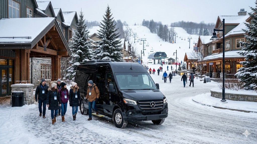 VIP conference attendees winter coats lanyards coach Blue Mountain corporate event transportation winter retreat