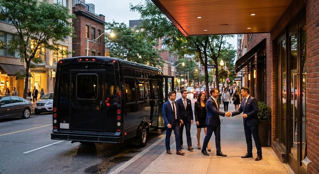 Charter bus at Markham banquet venue for wedding guest shuttle