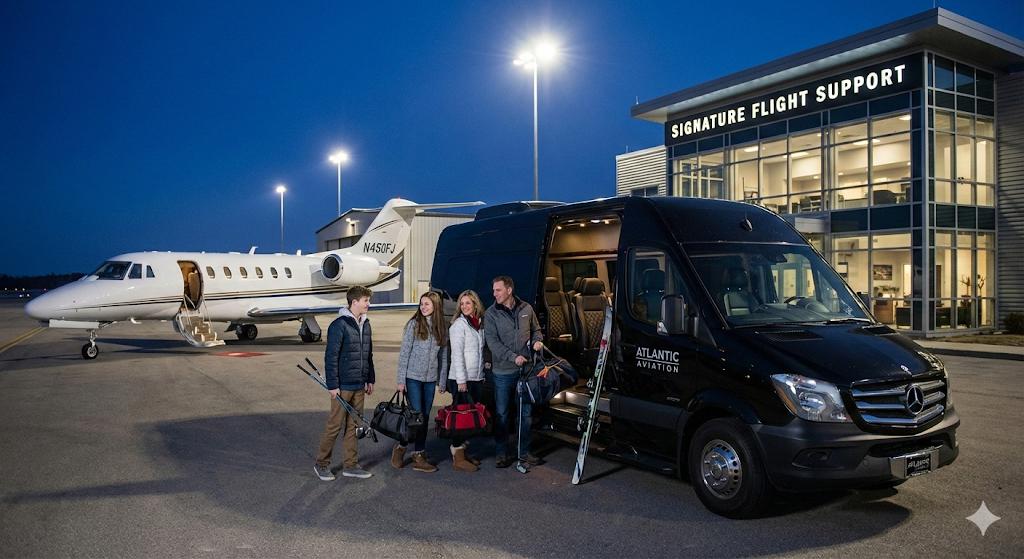 VIP family boarding private jet with chauffeur service at FBO terminal