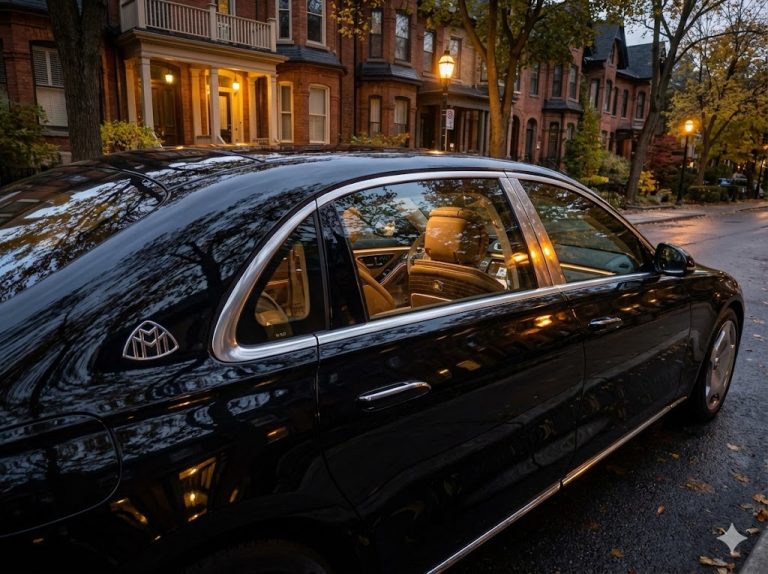 Black chauffeured sedan parked on a quiet tree-lined residential street at dusk, porch lights glowing