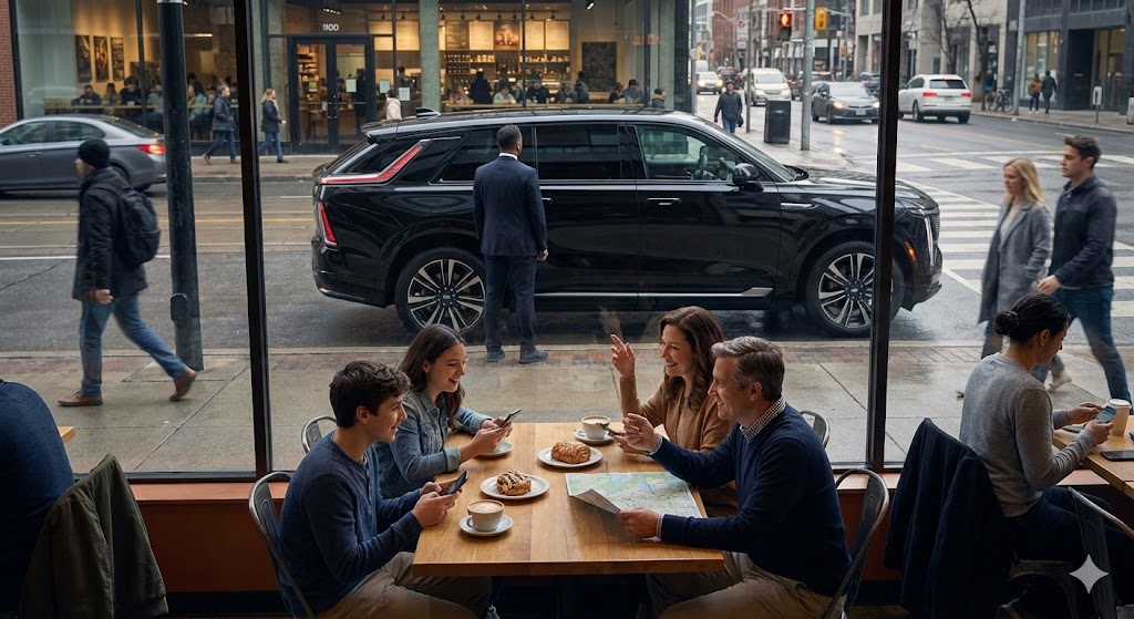 Family preparing for Deerhurst Resort Muskoka trip with executive SUV waiting curbside