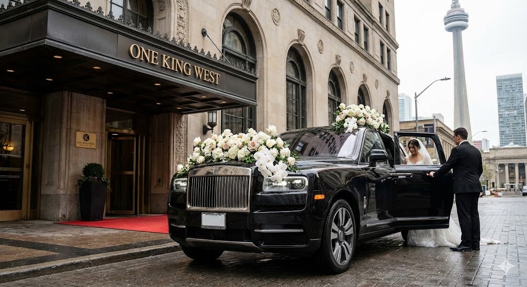 Black Rolls Royce Cullinan arriving at One King West for wedding