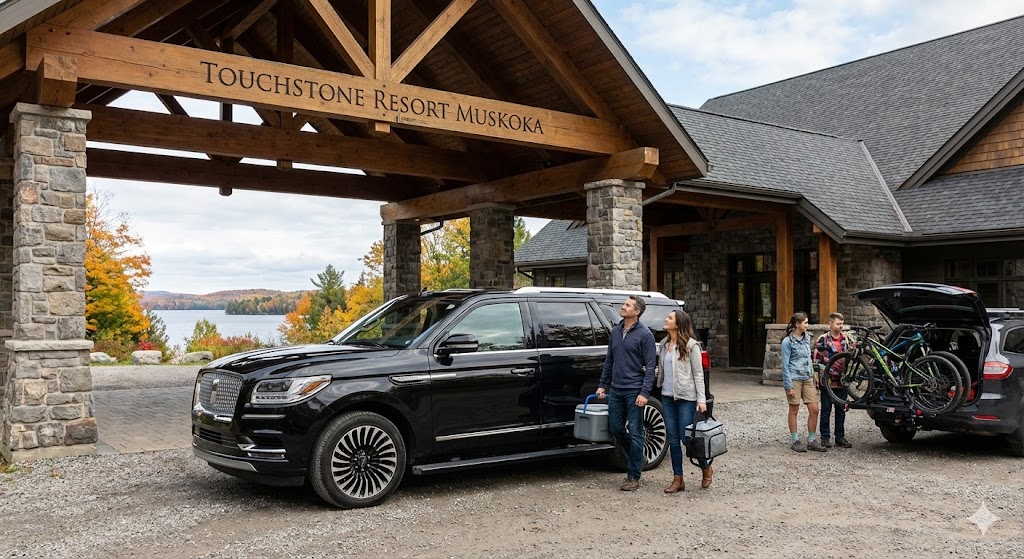Family arriving at Deerhurst Resort Muskoka via luxury SUV for multi-generational celebration