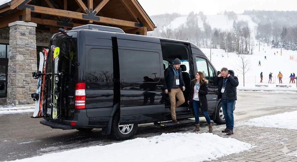 Sprinter van at Westin Trillium House with ski equipment corporate conference shuttle