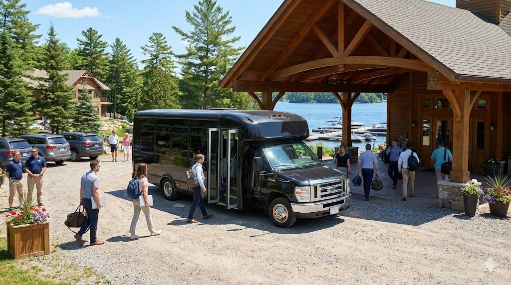 Mini coach at Muskoka lakeside resort entrance with corporate group departing