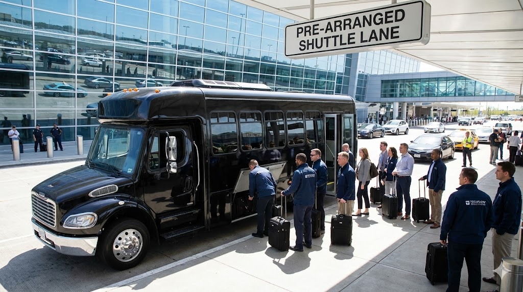 Mini-coach designated prearranged lane Toronto airport terminal business group boarding corporate shuttle coordination