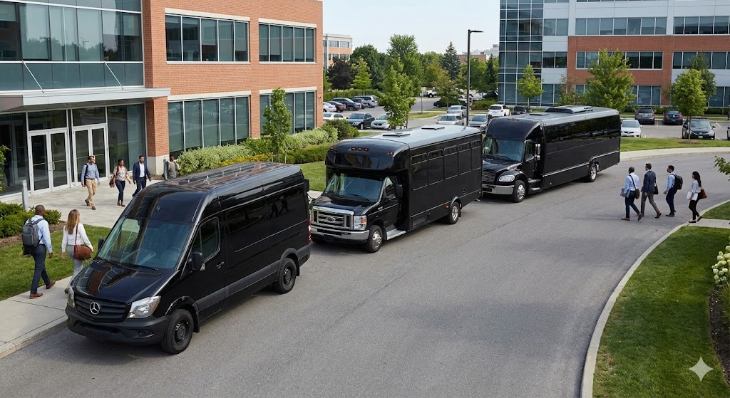 Corporate Shuttle Service Toronto 3 Mini-coach Toronto office park employee shuttle workforce transportation multiple groups building entrance