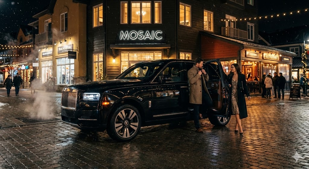 Rolls Royce at Blue Mountain Village Mosaic night luxury wedding transportation