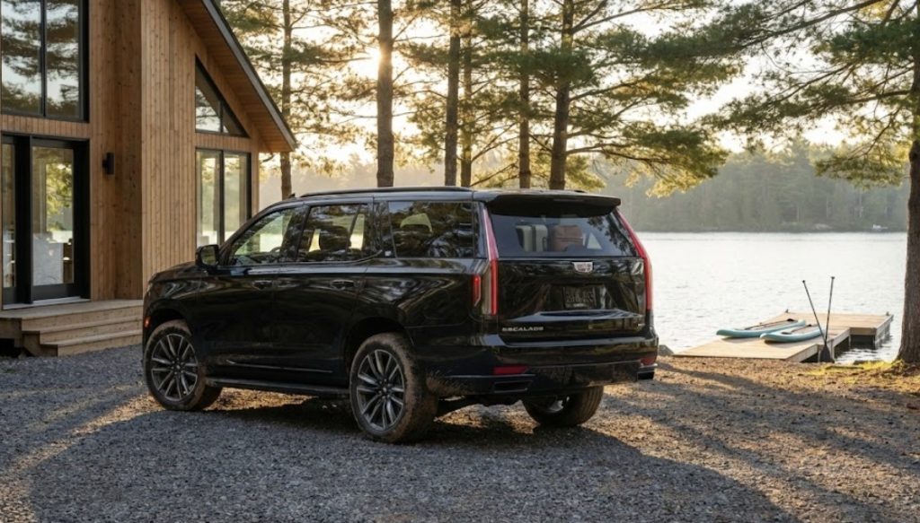 2025 black escalade esv muskoka cottage gravel driveway lake summer morning transfer
