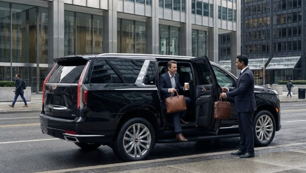 2025 black escalade esv unloading execs chauffeur assisting commerce court entrance glass towers