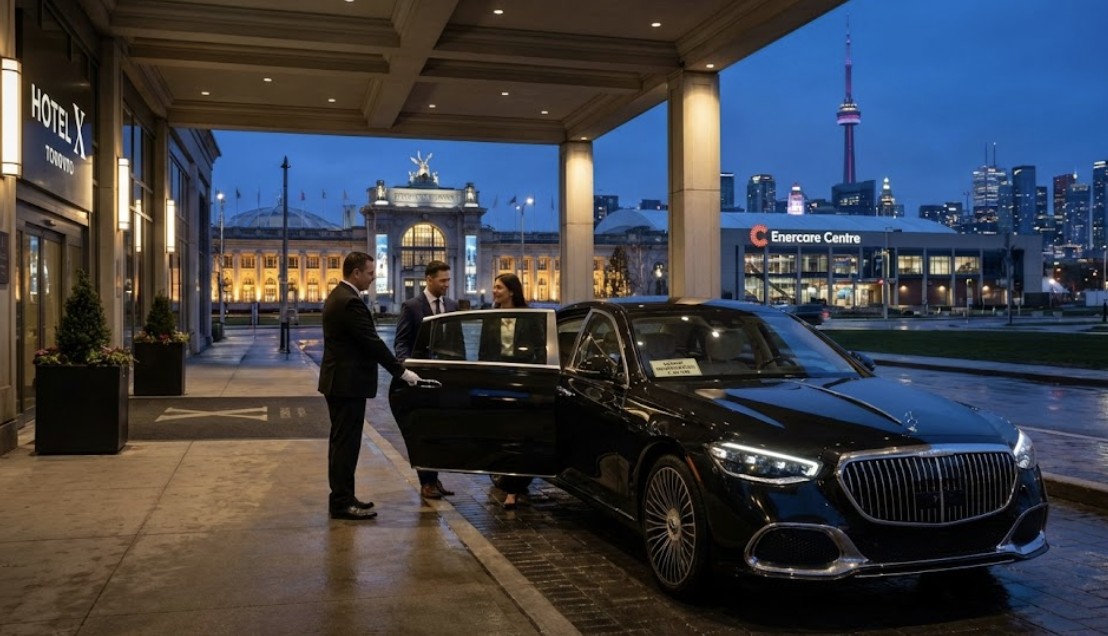 Black Mercedes Maybach S580 at a downtown hotel portico at blue hour, chauffeur opening the door for dinner guests