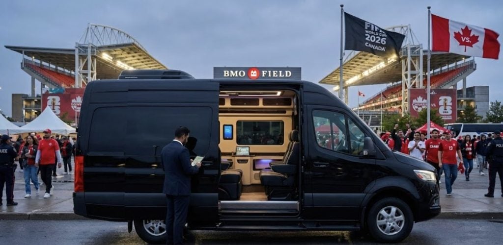 RM Locations 2 2025 black mercedes jet sprinter exhibition place vip parking post match world cup june 12 chauffeur waiting open door