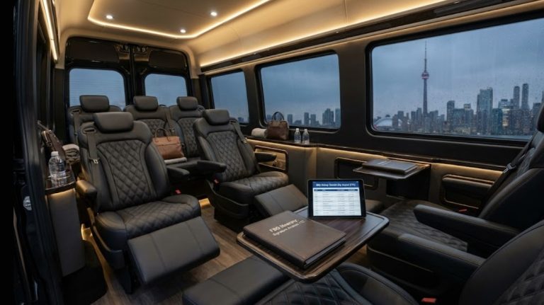 Jet Sprinter interior with seven reclined black leather captain chairs and tables