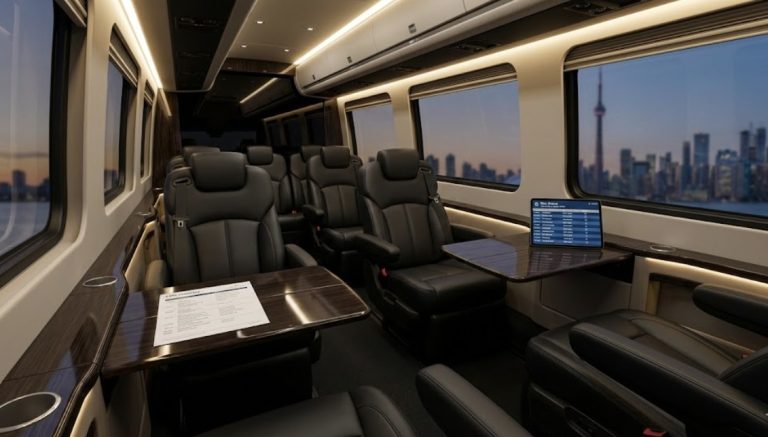 Jet Sprinter cabin interior with seven reclined leather captain chairs and tables, the Toronto skyline through the windows