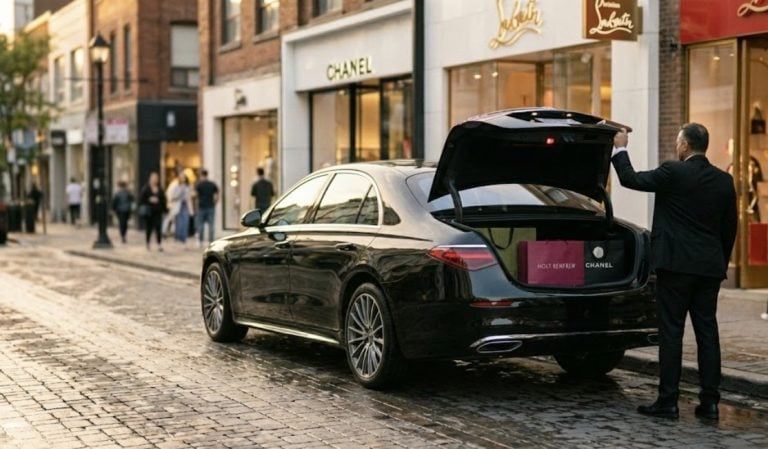 Black Mercedes S580 at Yorkville boutiques with the trunk open for shopping bags, golden hour