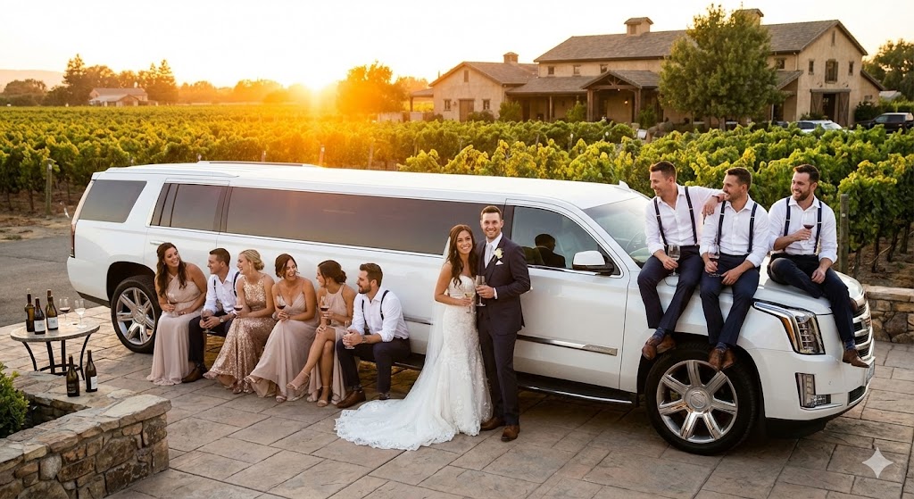 Wedding party with luxury stretch limousine at winery