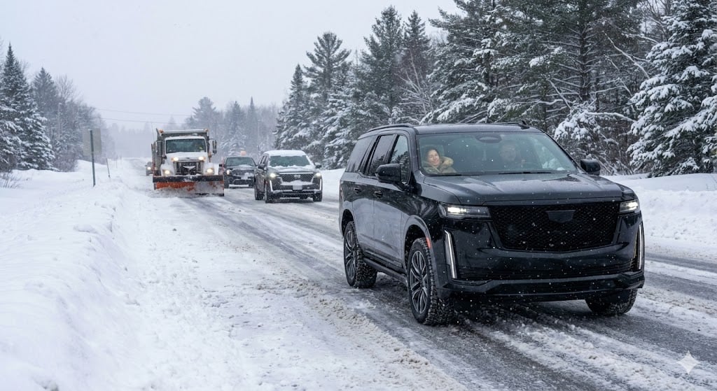Escalade executive SUV winter highway navigation Ontario