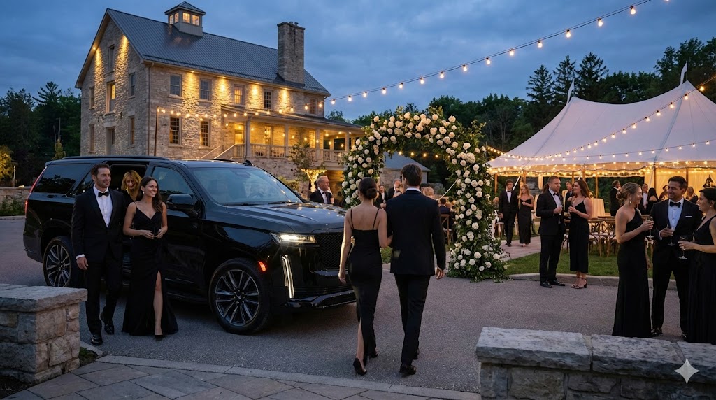 Wedding guests arriving at ceremony