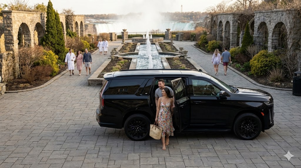 Escalade EV at 100 Fountain Spa courtyard Niagara Falls